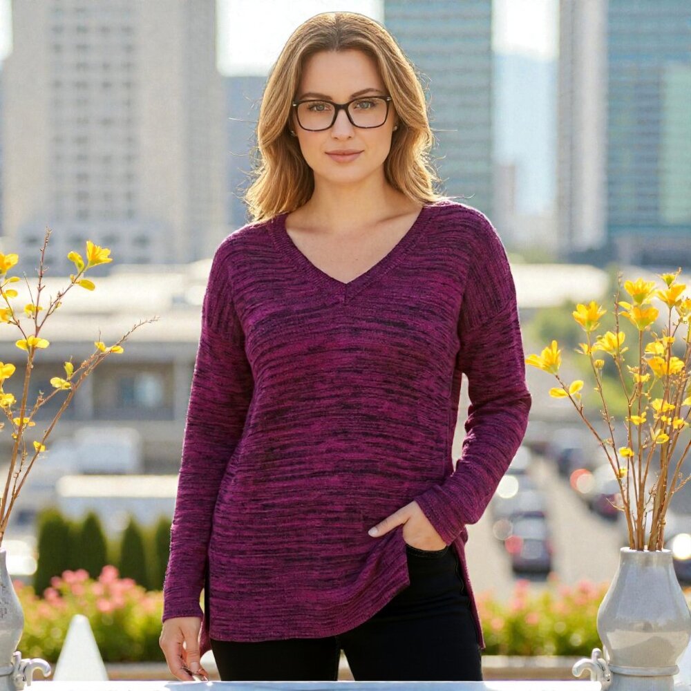 Ellen Tracy V-Neck Marled Tunic Sweater - Kir Royal Black - Medium